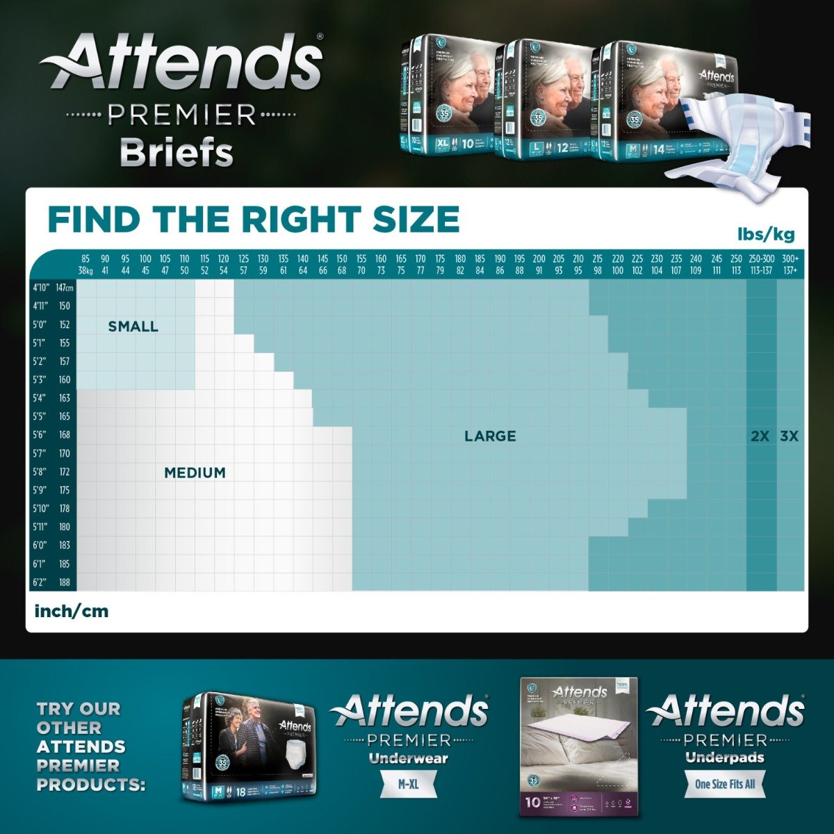 Attends Premier Briefs Size Chart